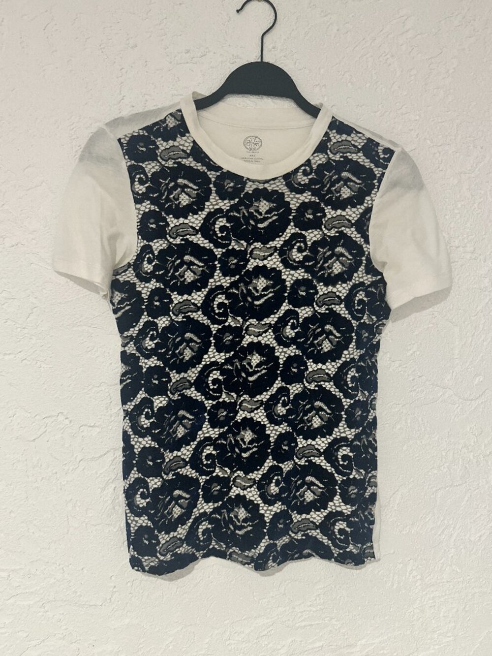 Tory Burch Floral Lace Velvet Pima Cotton T-Shirt White Navy XXS